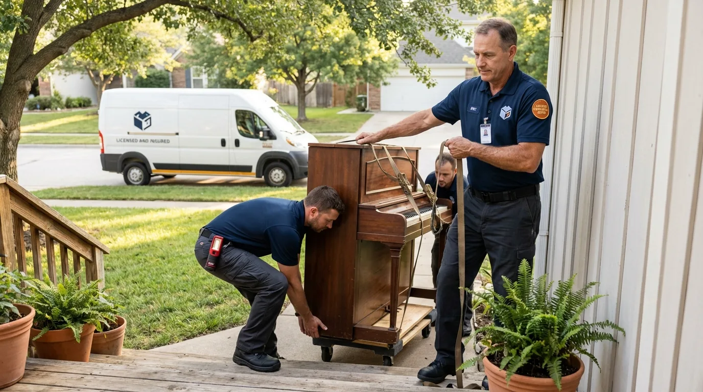 Licensed piano movers securing grand piano in Grand Forks, ND