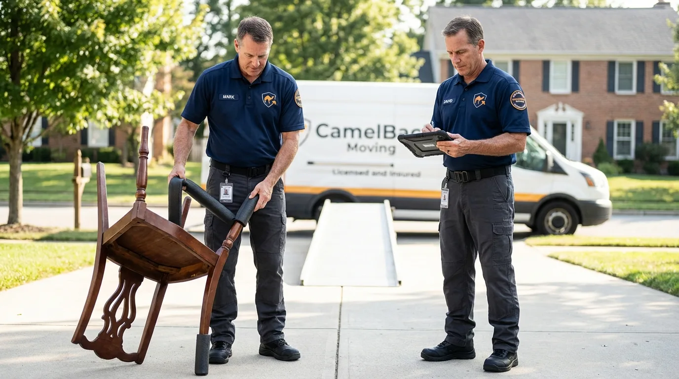 Movers inspecting furniture for damage prevention before loading in Grand Forks, ND
