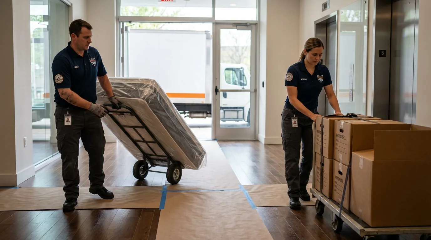 Professional apartment movers loading elevator in Grand Forks, ND