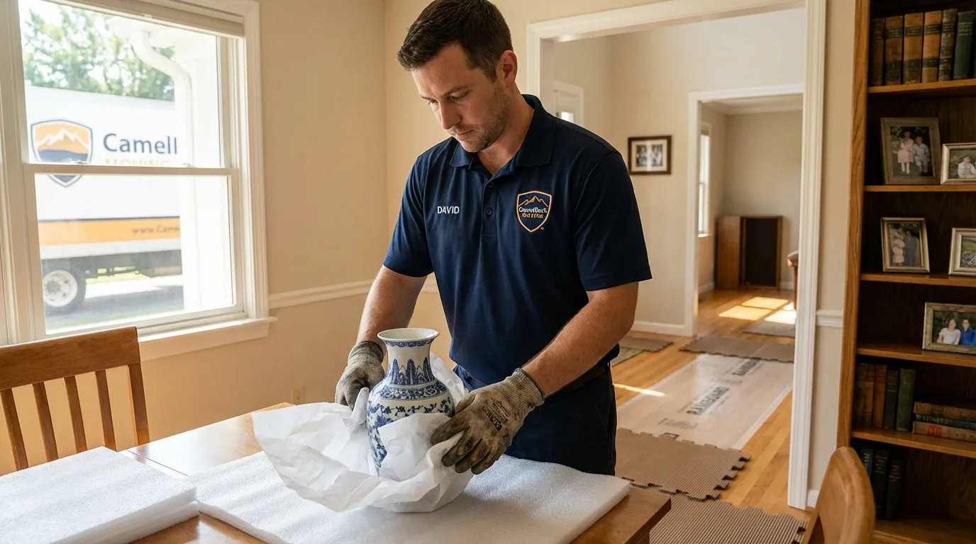 Professional crew carefully wrapping antique vase for senior downsizing move in Grand Forks, ND